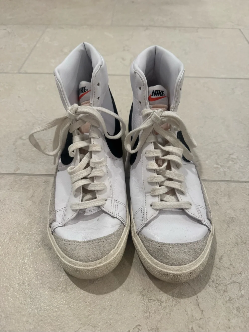 Nike Blazer Mid High Top White with Black Swoosh and Orange Tongue Tab